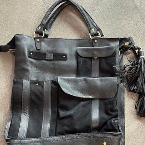 Black Leather Tote Bag with Tassel